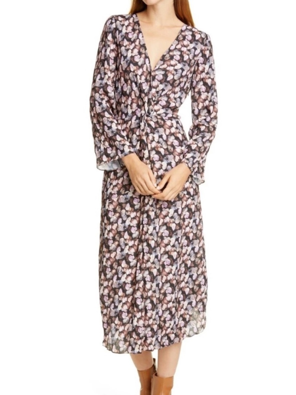 Vince Floral V-Neck Long Sleeve Midi Dress in Multi-Petal Print 10